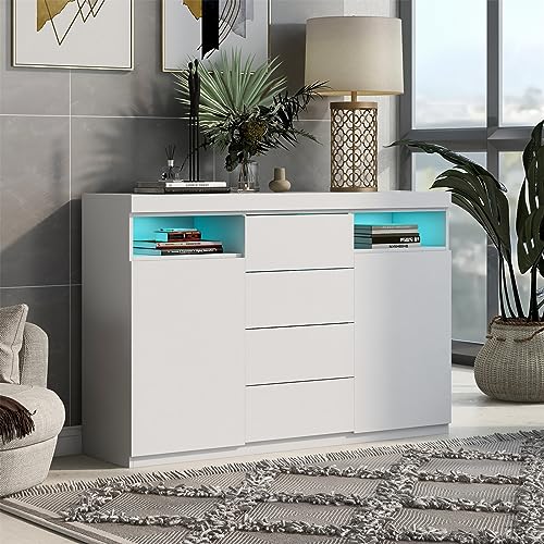 Sweiko 55" Sideboard mit 4 Schubladen und 2 Türen, Moderne Kommode inkl. LED Beleuchtung Aufbewahrungsschrank Schubladenkommode Mehrzweckschrank für Flur Schlafzimmer Wohnzimmer Badezimmer von Sweiko