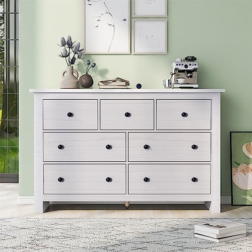 Sweiko 55" Weiße Kommode mit 7 Schubladen, Moderne Sideboard mit Metallgriff Holz Aufbewahrungsschrank Mehrzweckschrank für Flur Schlafzimmer Wohnzimmer Badezimmer von Sweiko