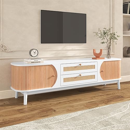 Sweiko 67" Weiß Rattan TV-Schrank mit 2 Türen und 2 Schubladen, Massivholz TV-Ständer für Schlafzimmer, Wohnzimmer von Sweiko