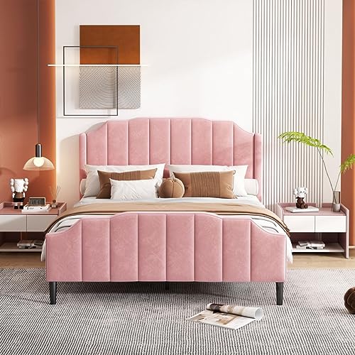 Sweiko Bettrahmen 140x200 cm Doppelbett Samt Jugendbett gepolstert mit Kopfteil, Fußteil und Lattenrost (Pink) von Sweiko