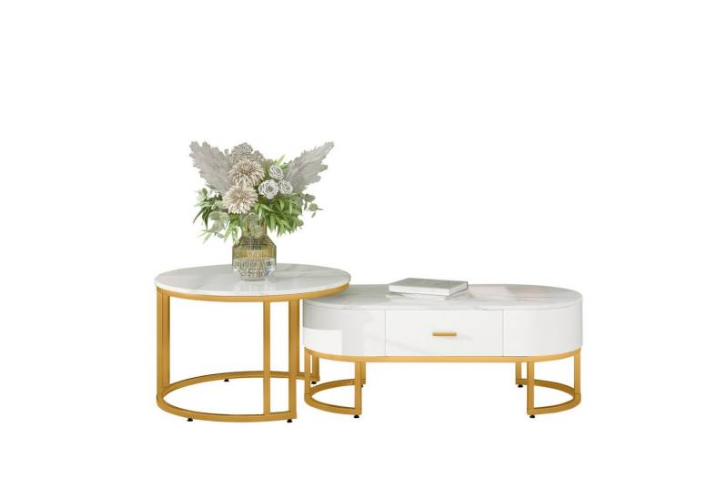 Sweiko Couchtisch, 2er-Set Beistelltisch mit Schubladen und Metallgestell von Sweiko