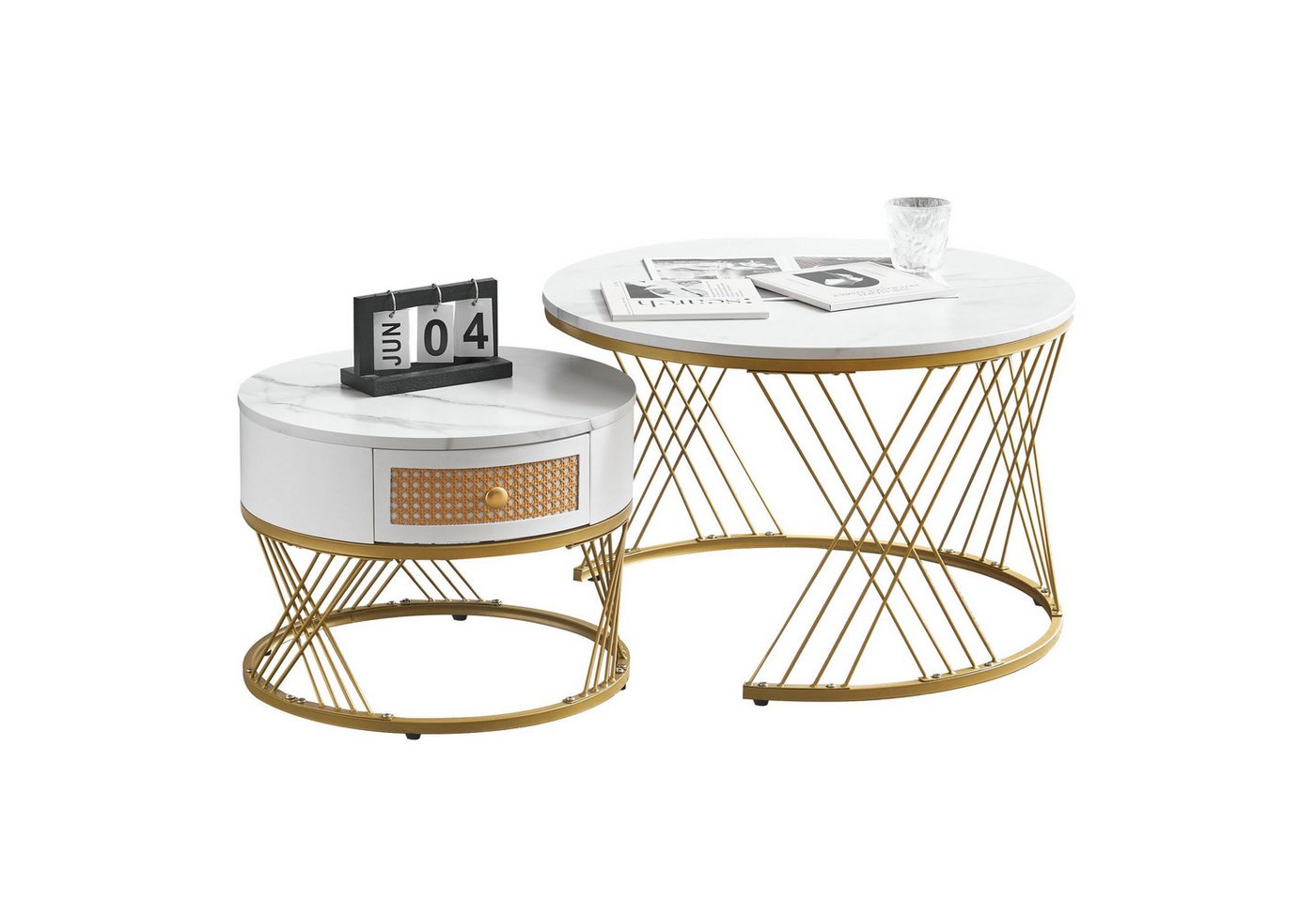 Sweiko Couchtisch, Runder stapelbarer Couchtisch(2er-Set), mit Rattan-Schubladen von Sweiko