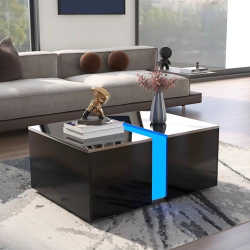 Sweiko Couchtisch,Sofatisch Kaffeetisch mit versenkbares verstecktes Fach, Sideboard Beistelltisch mit Stabilem Sockel,Schwarzer Couchtisch mit LED-Streifen für Wohnzimmer von Sweiko