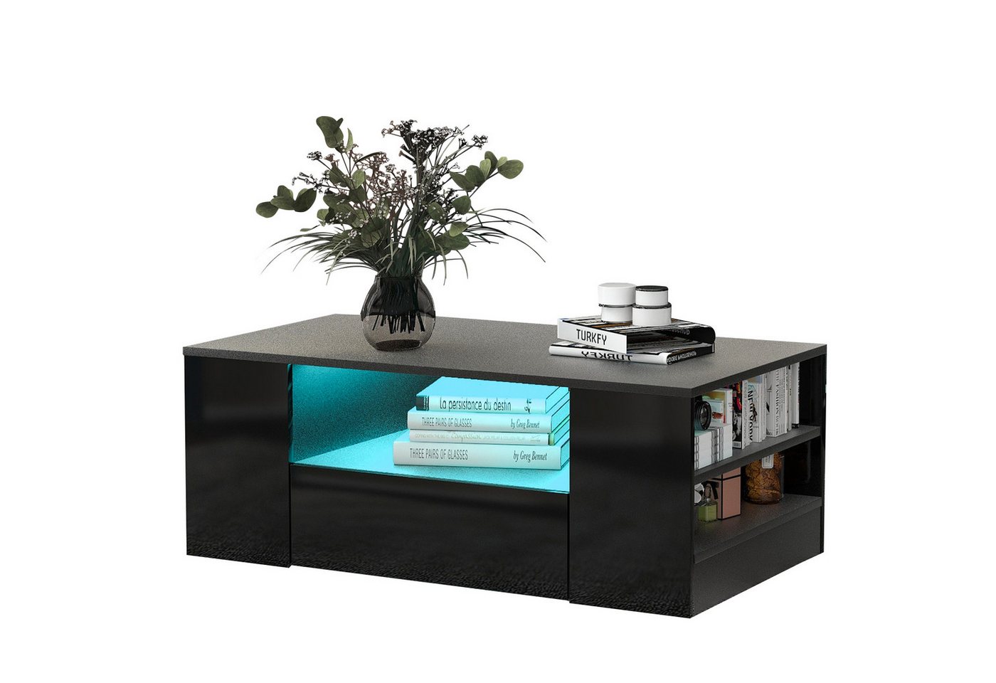 Sweiko Couchtisch (Wohnzimmertisch mit LED-Beleuchtung, inkl. Fernbedienung), hochglanz Beistelltisch mit 4 Ablage und 2 Schubladen, 95 x 53 x 37cm von Sweiko