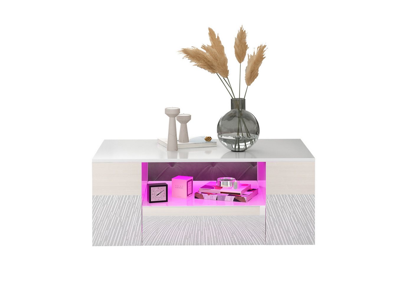Sweiko Couchtisch (Wohnzimmertisch mit LED-Beleuchtung, inkl. Fernbedienung), hochglanz Beistelltisch mit 4 Ablage und 2 Schubladen, 95 x 53 x 37cm von Sweiko