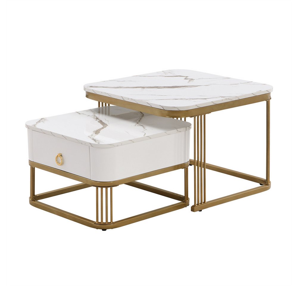 Sweiko Couchtisch Stapelbarer Couchtisch,Couchtisch zweiteiliges Set,Wohnzimmertisch (mit Schubladen und hochglänzende Marmoroptik, 1-St., 60x60x45+50x50x34 cm) von Sweiko