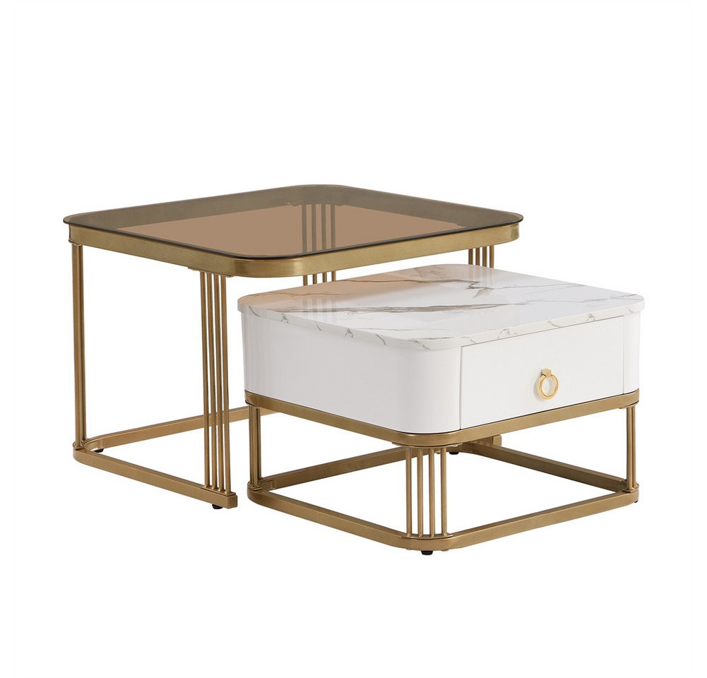 Sweiko Couchtisch Stapelbarer Couchtisch,Couchtisch zweiteiliges Set,Wohnzimmertisch (mit Schubladen und hochglänzende Marmoroptik, 1-St., 60x60x45+50x50x34 cm) von Sweiko