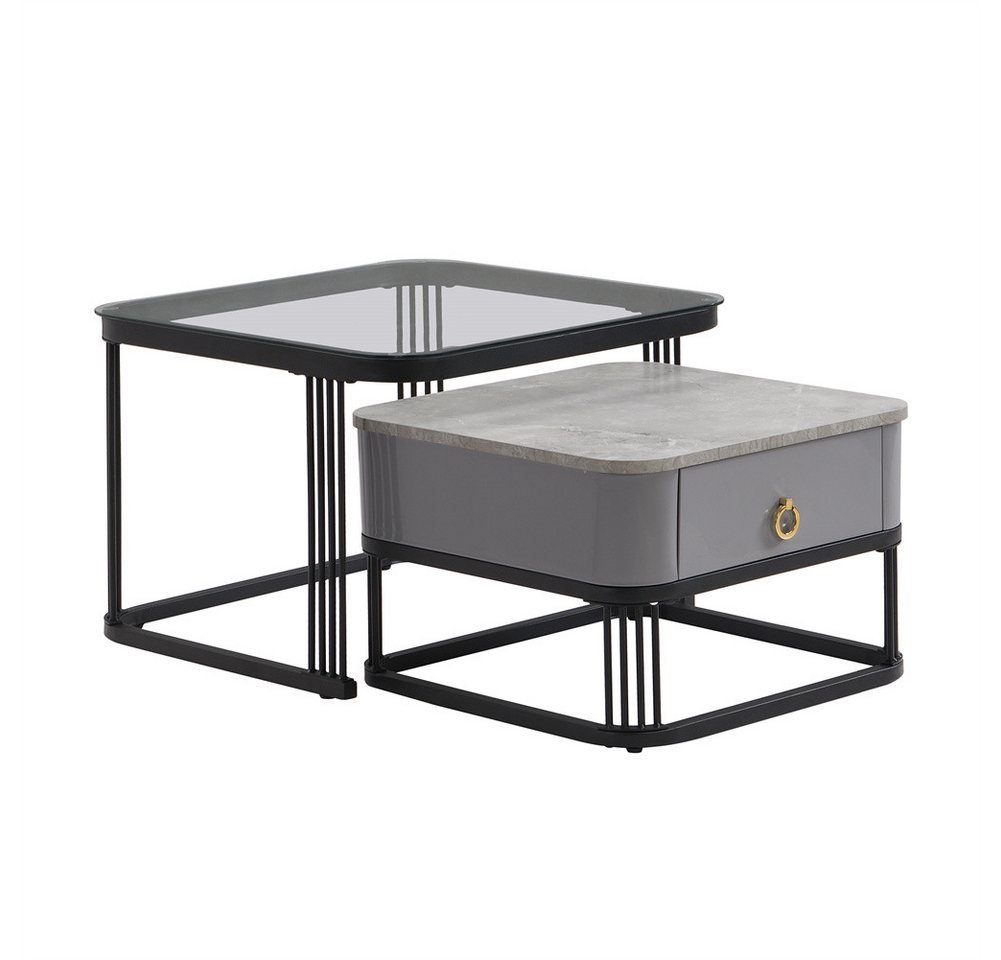 Sweiko Couchtisch Stapelbarer Couchtisch,Couchtisch zweiteiliges Set,Wohnzimmertisch (mit Schubladen und hochglänzende Marmoroptik, 1-St., 60x60x45+50x50x34 cm) von Sweiko