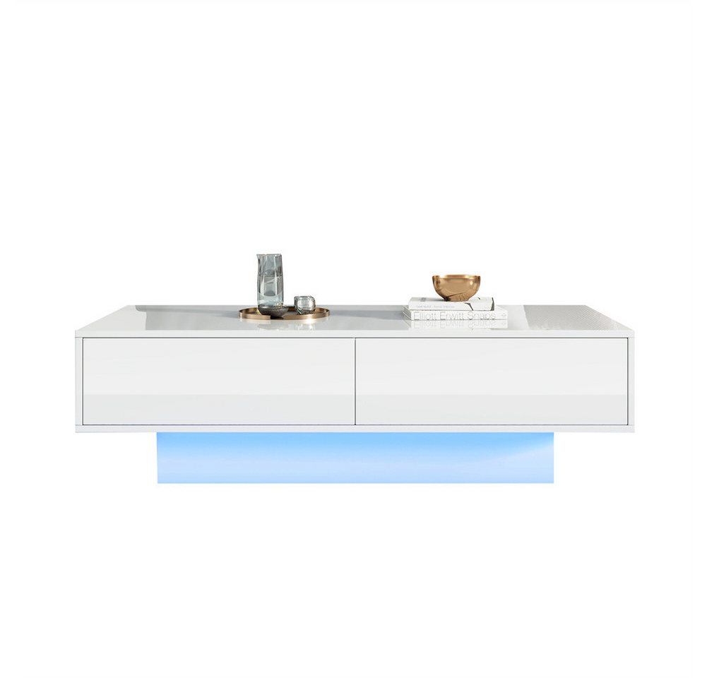 Sweiko Couchtisch mit 2 Schubladen und LED-Beleuchtung (Hochglanz Couchtisch Beistelltisch mit Glasplatte, 115*55*34 cm) von Sweiko