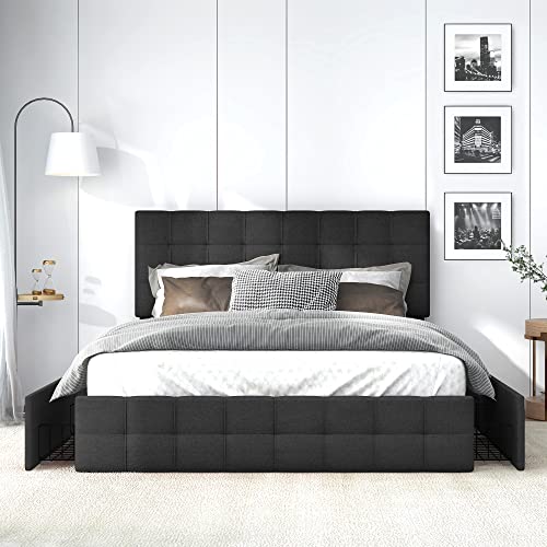 Sweiko Doppelbett Bettanlage 140 x 200 cm, Polsterbett mit 4 Bettkasten&Metalllatten, Stauraum Bettgestell mit Höhenverstellbares Kopfteil, in Schwarz Leinen, für Erwachsene&Jugendliche, Ohne Matratze von Sweiko