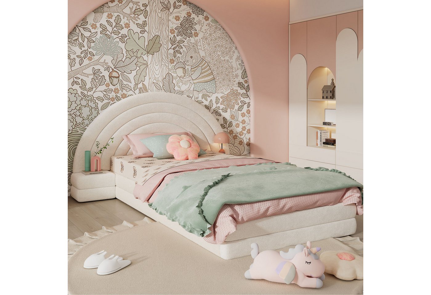 Sweiko Einzelbett 90x200cm (Polsterbett, Einzelbett mit beidseitigen Tischen, Bettkopf in Regenbogenform), Vliesimitat, Beige,Ohne Matratze von Sweiko