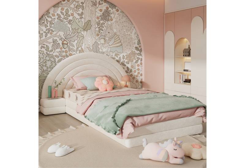 Sweiko Einzelbett 90x200cm (Polsterbett, Einzelbett mit beidseitigen Tischen, Bettkopf in Regenbogenform), Vliesimitat, Beige,Ohne Matratze von Sweiko