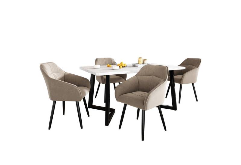 Sweiko Essgruppe Moderner Küchentisch Set, (Polsterstuhl Design Stuhl mit Rückenlehne,MDF Tischplatte in Weißer, 5-tlg., Set,117×68×75cm Esstisch mit 4 Stühlen), Schwarz Tischbeine,Braun Samt Esszimmerstühle von Sweiko