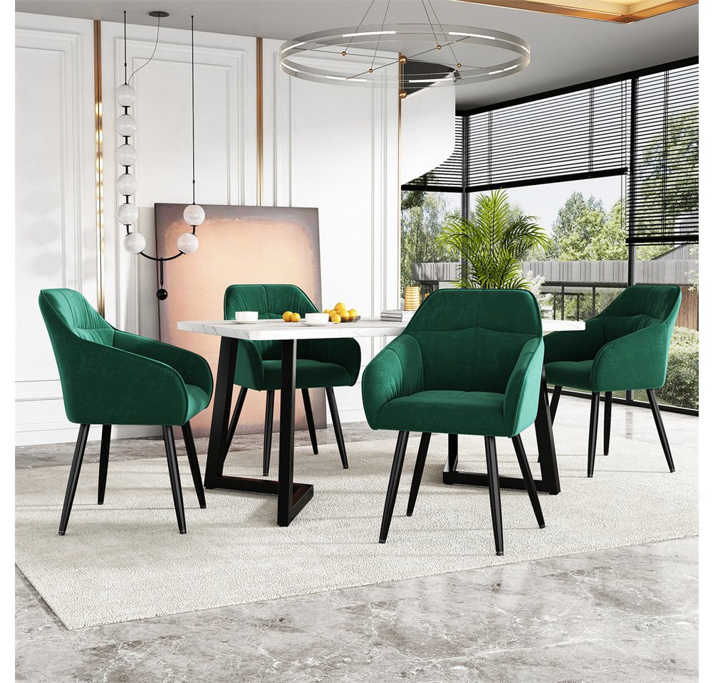 Sweiko Essgruppe Moderner Küchentisch Set, (Polsterstuhl Design Stuhl mit Rückenlehne,MDF Tischplatte in Weißer, 5-tlg., Set,117×68×75cm Esstisch mit 4 Stühlen), Schwarz Tischbeine,Grün Samt Esszimmerstühle von Sweiko