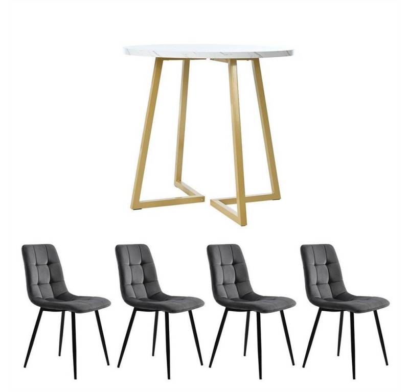 Sweiko Essgruppe Modernes Küchentisch-Set, (5-tlg., Esstisch-Set mit 4 Stühlen und 1 Runder Küchentisch), Goldenen Metallbeinen,dunkelgraue Samt-Esszimmerstüh von Sweiko