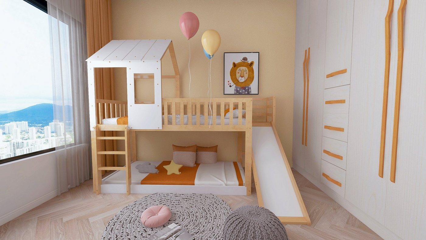 Sweiko Etagenbett (Kinderbett mit Rausfallschutz), Hausbett mit Leiter und Rutsche, 90*200cm von Sweiko