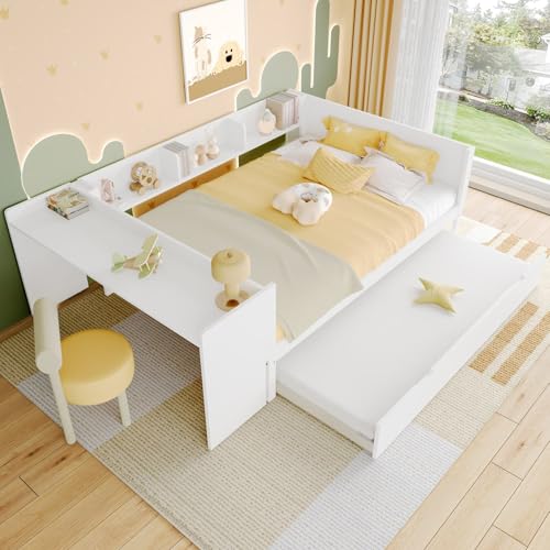 Sweiko Flachbett, 140 x 200 cm, großes Bettgestell aus Fichte und Sperrholz mit integriertem Schreibtisch, klappbares Bett, Stauraum (Weiß 2) von Sweiko