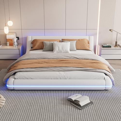 Sweiko Gepolstertes Bett, für Erwachsene auf Fuß, Doppelbett aus PU, Bettgestell mit LED-Beleuchtung, flaches Bett mit Fernbedienung 24 Tasten (160 x 200 cm) von Sweiko