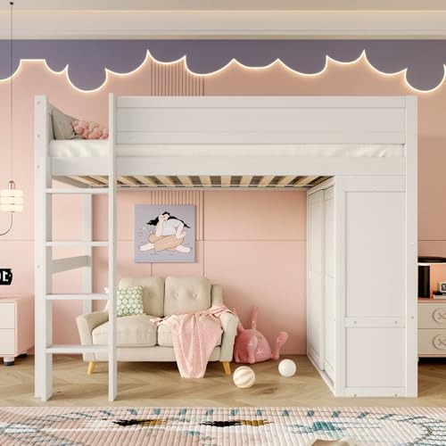 Sweiko Hochbett, 90 x 200 cm, mit Schrank und Aufbewahrungsfach, erhöhtes Kinderbett aus Kiefernholz, Weiß, offener Raum unter der Matratze, ohne Matratze (Weiß + Kiefer + 90 x 200 cm) von Sweiko