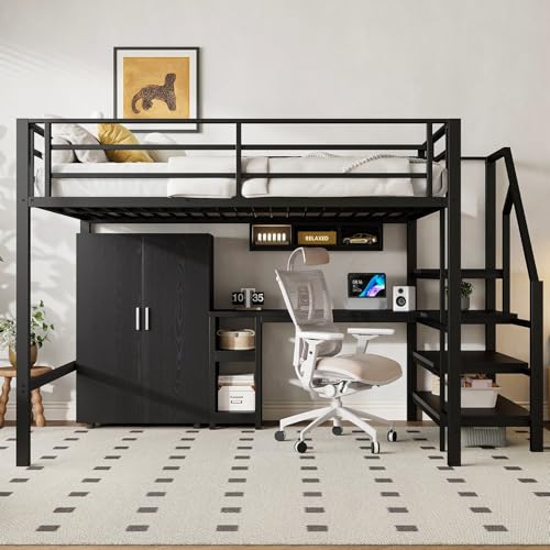 Sweiko Hochbett 140 x 200 cm mit Einbauschrank, Schreibtisch, 4 Einlegeböden und Stauraum, MDF, ohne Matratze (schwarz) von Sweiko