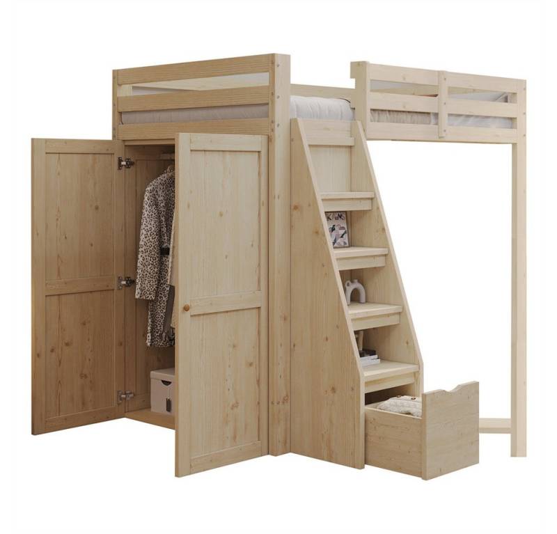 Sweiko Hochbett Einzelbett Jugendbett Kinderbett (Stauraumbett mit Stauraum-Kleiderschrank, Funktionsbett mit Stauraum-Sicherheits-Kletterleiter) 90*200cm Ohne Matratze von Sweiko