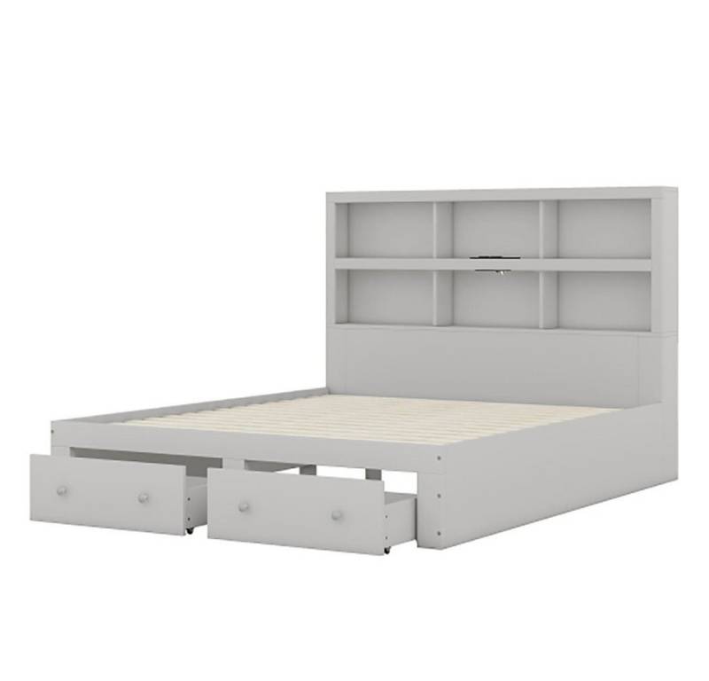 Sweiko Holzbett, 160*200cm Doppelbett mit 6 Staufächern, USB-Steckdose und 2 Schubladen von Sweiko