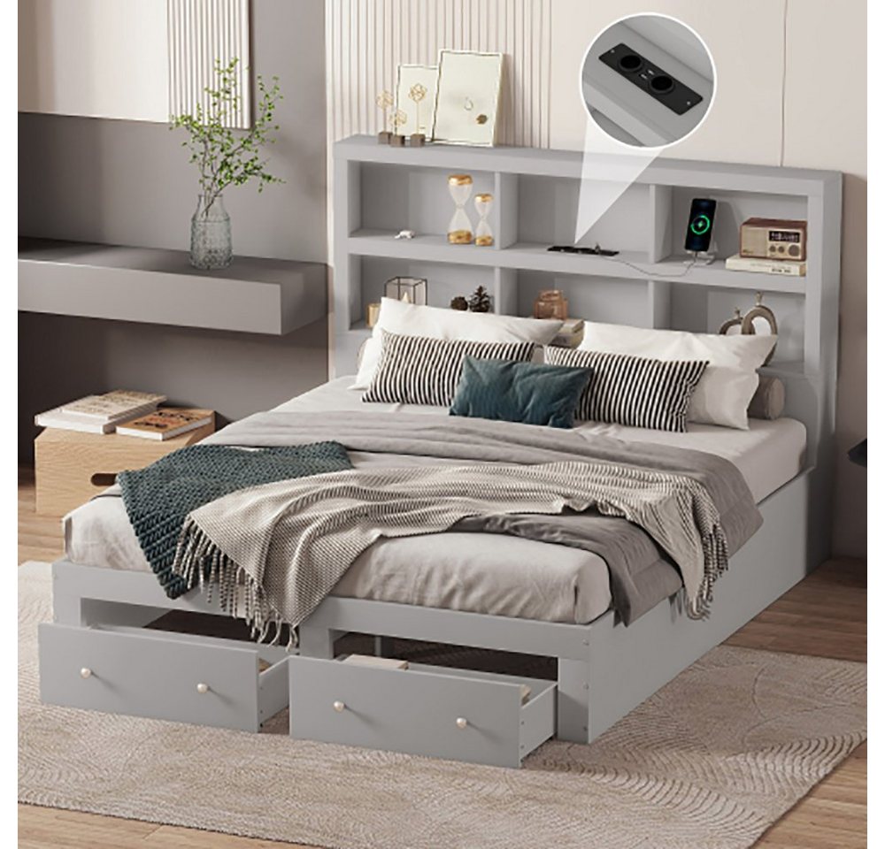 Sweiko Holzbett, 160*200cm Doppelbett mit 6 Staufächern, USB-Steckdose und 2 Schubladen von Sweiko