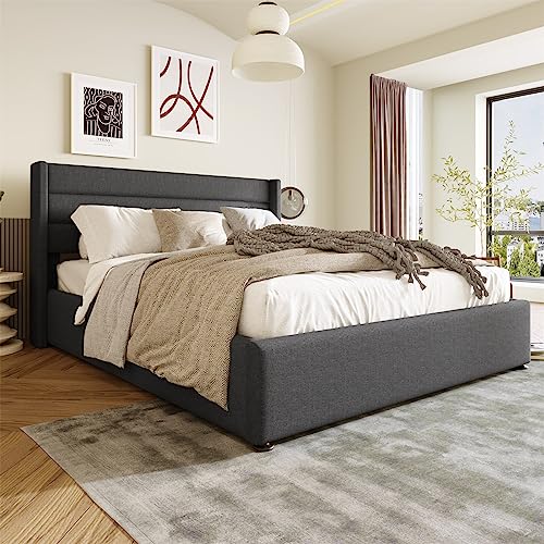 Sweiko Hydraulisch Doppelbett 140x200cm Stauraumbett,Polsterbett mit Lattenrost aus Holz, Leinen Stauraumbett Bett mit Lattenrost aus Metallrahmen, Grau von Sweiko