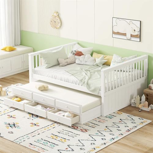 Sweiko Kinderbett, 140 x 200 cm mit drei Schubladen, Doppelbett mit ausziehbarem Bett (90 x 190 cm), weiß, Kiefer + MDF (Matratze nicht im Lieferumfang enthalten) von Sweiko