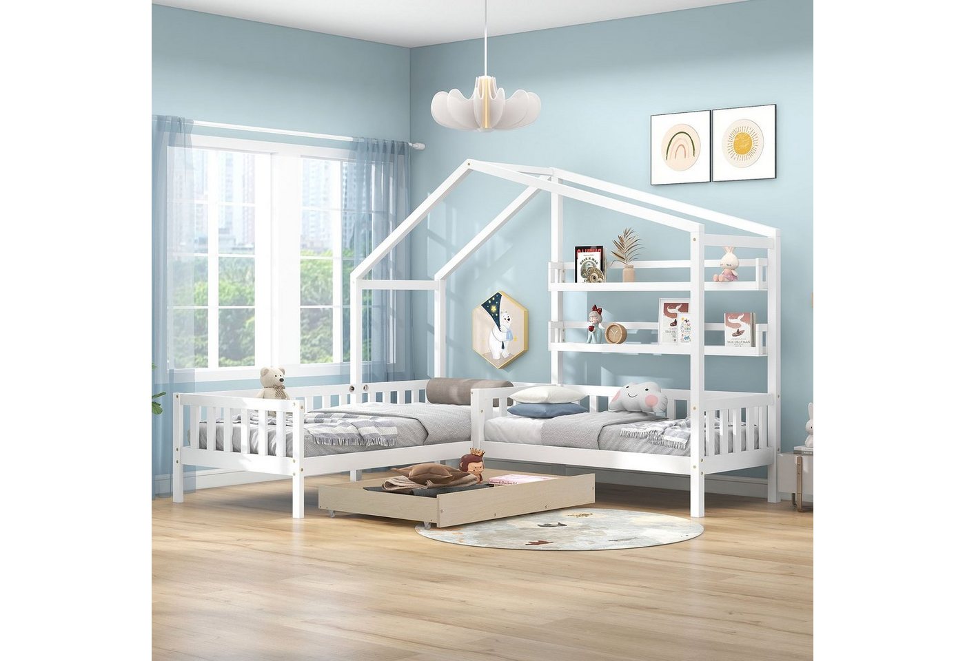 Sweiko Kinderbett (Kombinationsbett), Hausbett mit Schubladen, Regalen und Lattenrost, 90x200 cm+140x70cm von Sweiko