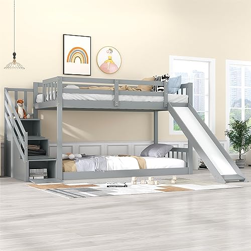 Sweiko Kinderbett 90x200cm, Etagenbett mit Treppe und Rutsche, Rahmen aus massivem Kiefernholz, Bett mit 3 Schubladen in der Treppe, Grau von Sweiko