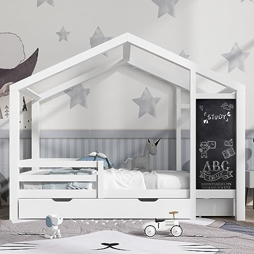 Sweiko Kinderbett 90x200cm,Weiß Hausbett mit Tafel und 2 Schubladen, Robuste Lattenroste Kiefernholz Haus Bettbettgestell for Kids, Holzbett für Kinder mit Zaun und Lattenrost (Ohne Matratze) von Sweiko