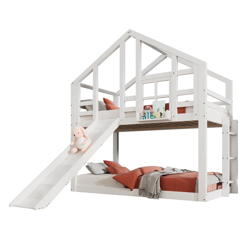 Sweiko Kinderbett Hausbett (mit Rutsche & Leiter, Hochbett für Kinder 90 x 200 cm), kinderbett mit rausfallschutz, 2 x Lattenrost,2 Schlafplätze,Weiß von Sweiko