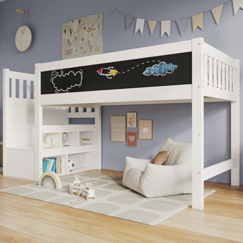 Sweiko Kinderbett Loft 90 x 200 cm, Bettrahmen mit Whiteboard und Tafel, Kinderbett mit Aufbewahrung und Fallschutz, Kinderbett mit Latten von Sweiko