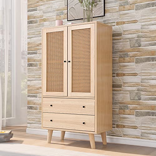 Sweiko Kommode mit 2 Türen und 2 Schubladen, Rattan Türkommoden mit Schubkasten, Sideboard Highboard Schubladenkommode Holz Mehrzweckschrank für Flur Schlafzimmer Wohnzimmer Esszimmer von Sweiko