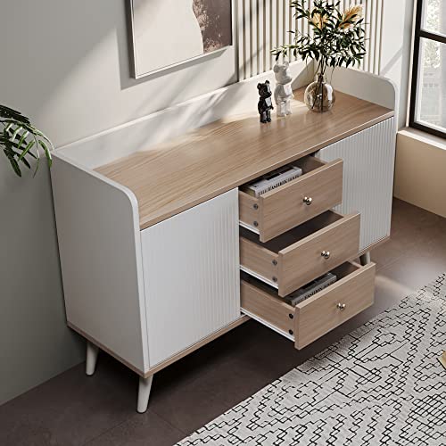 Sweiko Kommode mit 2 Türen und 3 Schubladen, Rattan Türkommoden mit Schubkasten, Sideboard mit Verstellbare Ablage, Schubladenkommode Holz Mehrzweckschrank für Flur Schlafzimmer Wohnzimmer Badezimmer von Sweiko