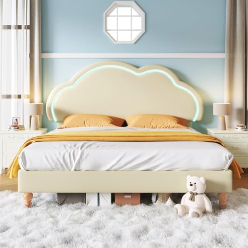 Sweiko LED-Bett für Kinder, 140 x 200 cm, Doppelbett, gepolstertes Bettgestell mit Lattenrost und verstellbarem Kopfteil, Jugendbettgestell mit Kopfteil in Wolkenform von Sweiko
