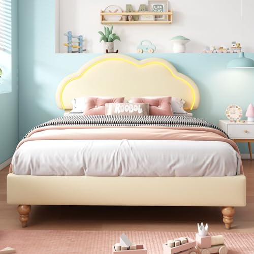 Sweiko LED-Bett für Kinder, 160 x 200 cm, Doppelbett, gepolstertes Bettgestell mit Lattenrost und verstellbarem Kopfteil, Jugendbettgestell mit Kopfteil in Wolkenform von Sweiko