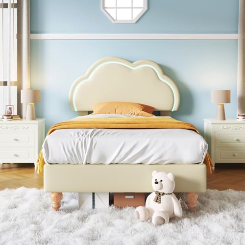 Sweiko LED-Betten für Kinder 90 x 190 cm, Einzelbetten, gepolstertes Bettgestell mit Lattenrost und verstellbarem Kopfteil, Jugendbettgestell mit Kopfteil in Wolkenform von Sweiko