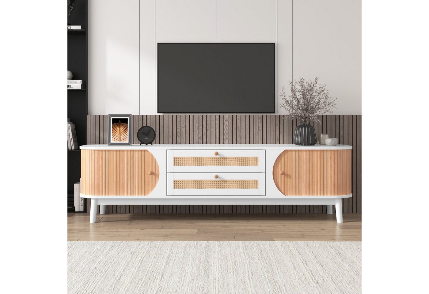 Sweiko Lowboard, TV-Schrank mit 2 Schubladen und 2 Schiebetüren, Rattan-Schubladen, Massivholzfüße, 170 x 39,5 x 46 cm von Sweiko