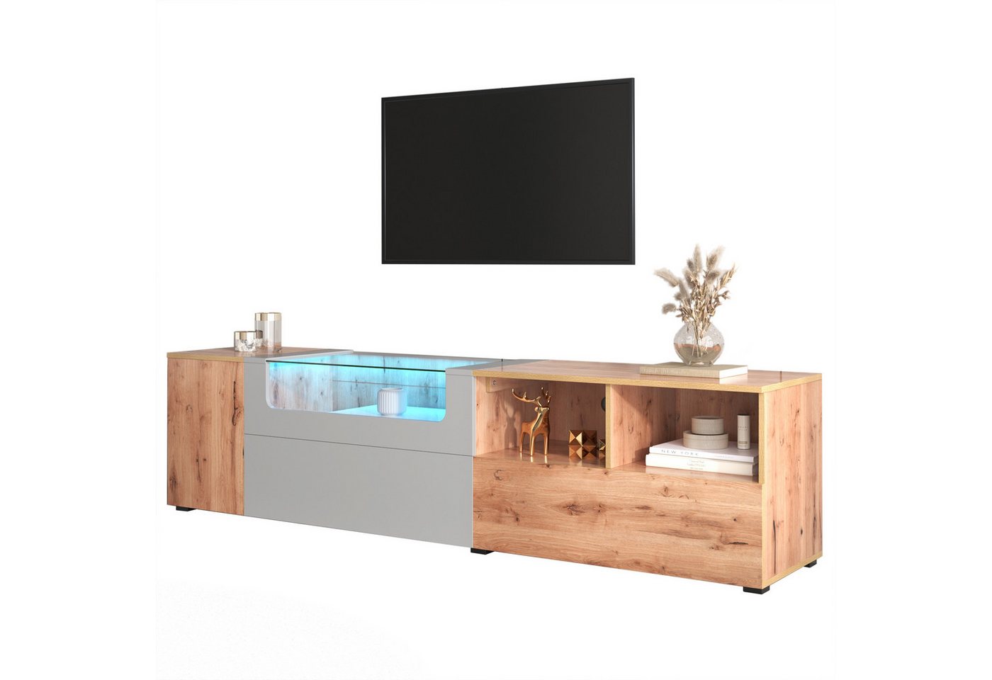 Sweiko Lowboard, TV-Schrank mit LED-Beleuchtung und Glasplatte, 190 x 40 x 48 cm von Sweiko