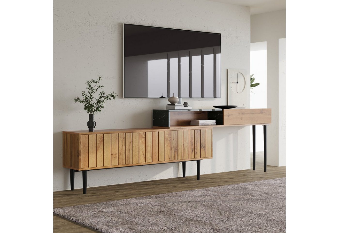 Sweiko Lowboard, TV-Ständer mit Flügeltüren und Metallfüßen, Marmoroptik und Holzmaserung, längenverstellbar, 129-200cm von Sweiko