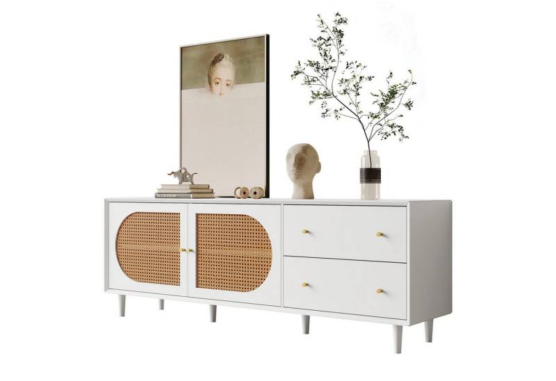 Sweiko Lowboard (TV-Schrank mit 2 Rattantüren und 2 Schubladen, Holzfüße), 180*40*65cm von Sweiko