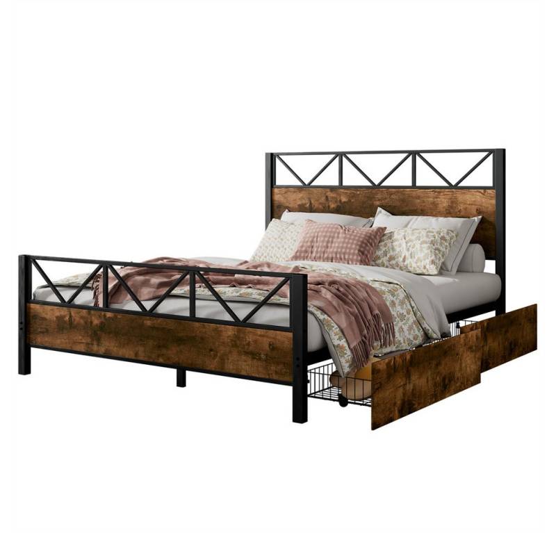 Sweiko Metallbett Kinderbett Einzelbett (140x200cm Jugendbett 2 Schubladen mit Rollen,Flachbetten Heranwachsende und Erwachsene, Schwarz + Walnuss,Ohne Matratze) von Sweiko