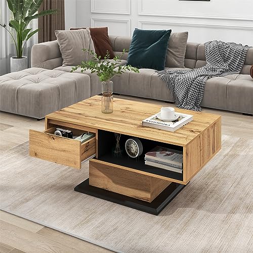 Sweiko Modern Couchtisch aus Holzmaserung, Beistelltisch mit Eine grifflose Schublade, Doppelseitiger Stauraum, Büro, Wohnzimmer-Sofatisch, Großer Stauraum von Sweiko