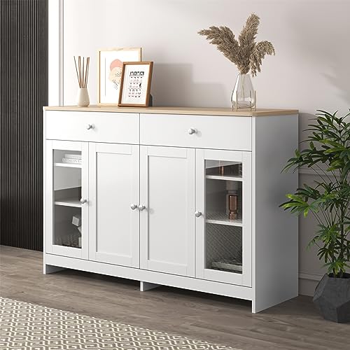 Sweiko Moderne Kommode mit 4 Türen und 2 Schubladen, Türkommoden Sideboard mit Glastür, Schubladenkommode Verstellbares Regal Holz Mehrzweckschrank für Flur Schlafzimmer Wohnzimmer Badezimmer von Sweiko