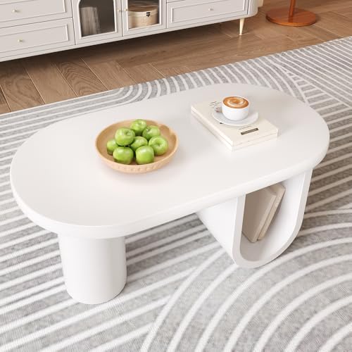 Sweiko Moderner ovaler Couchtisch in Weiß, mit einem einfachen Design, stabilen U-förmigen Füßen und einer pflegeleichten Oberfläche, geeignet für Wohnzimmer (98,5 x 53,5 x 42 cm) von Sweiko