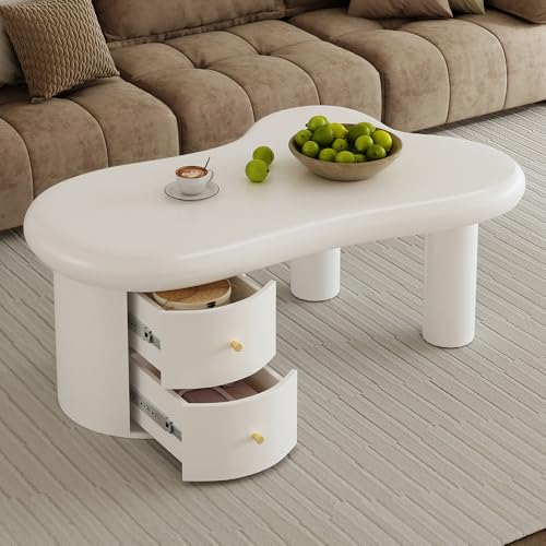Sweiko Moderner weißer Couchtisch im asymmetrischen Design mit 2 Schubladen, geeignet für Wohnzimmer, Büro oder Schlafzimmer (97 x 64 B x 42 H) von Sweiko