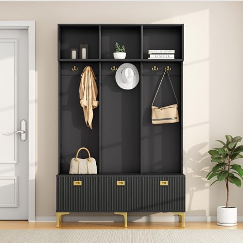 Sweiko Multifunktionaler Schrank mit Aufbewahrungsbank, 120 x 40 x 191,5 cm, 6 Haken und goldfarbene Füße, 6 Aufbewahrungsfächer, für Eingangsbereich, Wohnzimmer (schwarz) von Sweiko