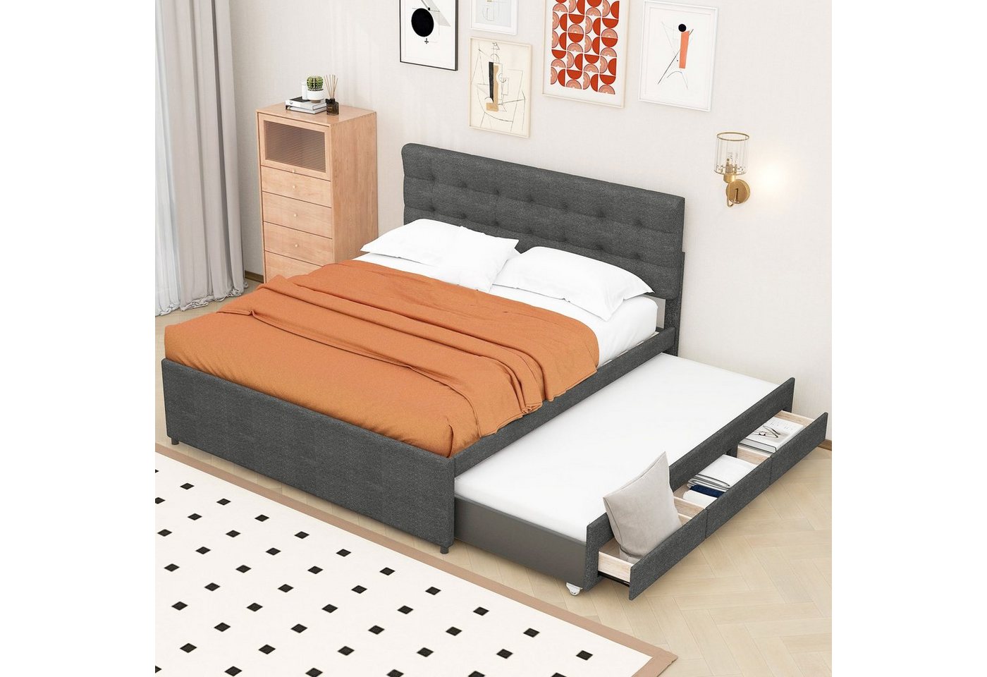 Sweiko Polsterbett, Doppelbett mit ausziehbarem Bett und 3 Schubladen, 140*200&90*190cm von Sweiko